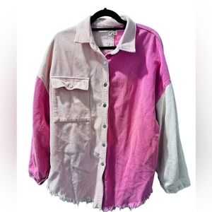POL Pink and White Corduroy Colorblock Button Down Shacket Fray Hem Size Medium